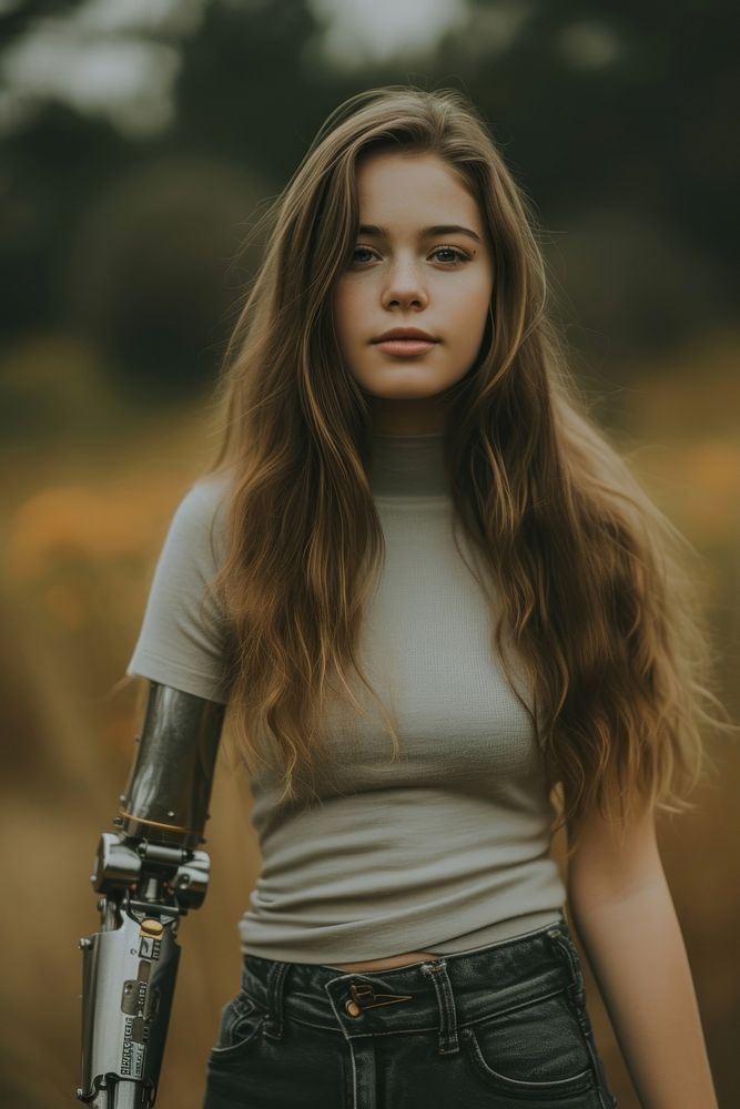 A girl with prosthetic arm hairstyle landscape portrait.