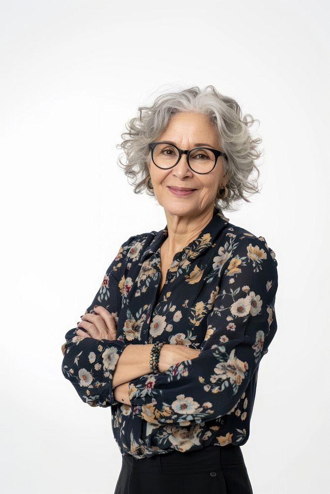 Senior woman portrait glasses smiling.