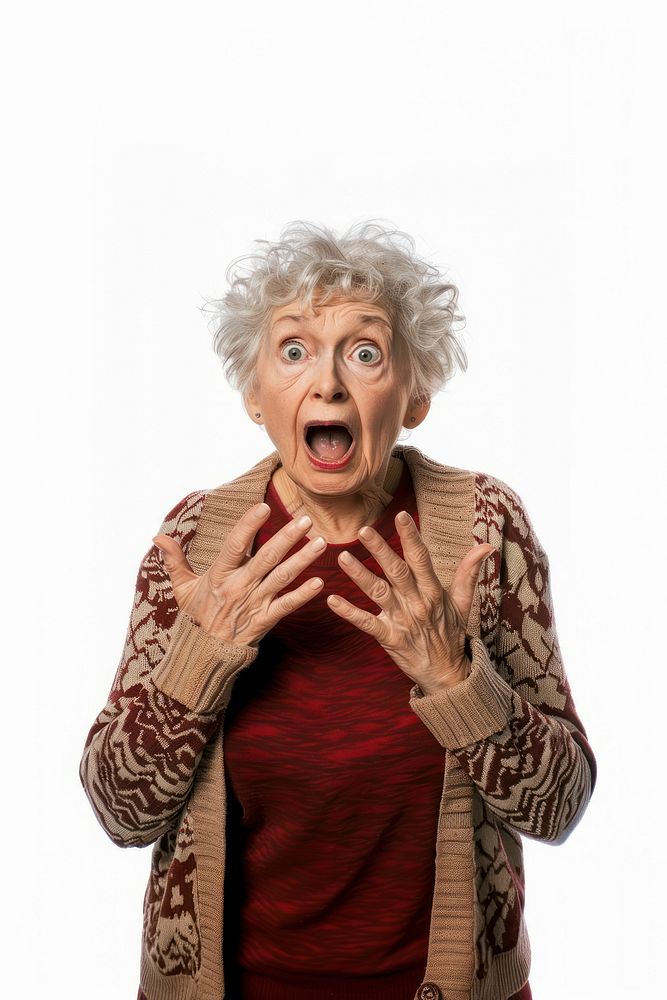 Senior woman shouting sweater white background.