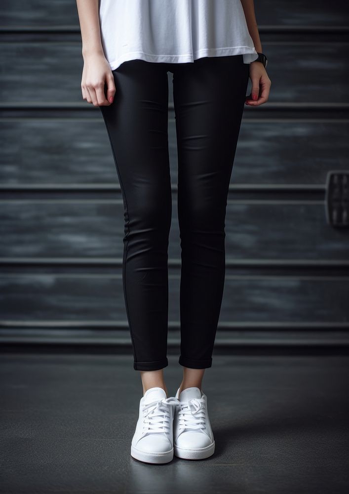 Slender female legs in leggings footwear sneaker pants.