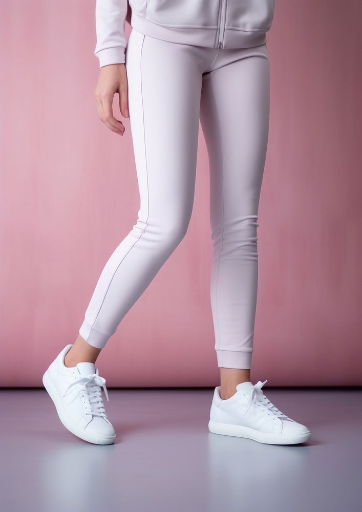 Slender female legs in leggings footwear sneaker tights.