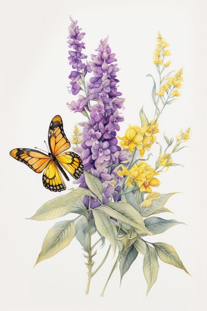 Butterfly with yellow and purple flowers lavender drawing insect.