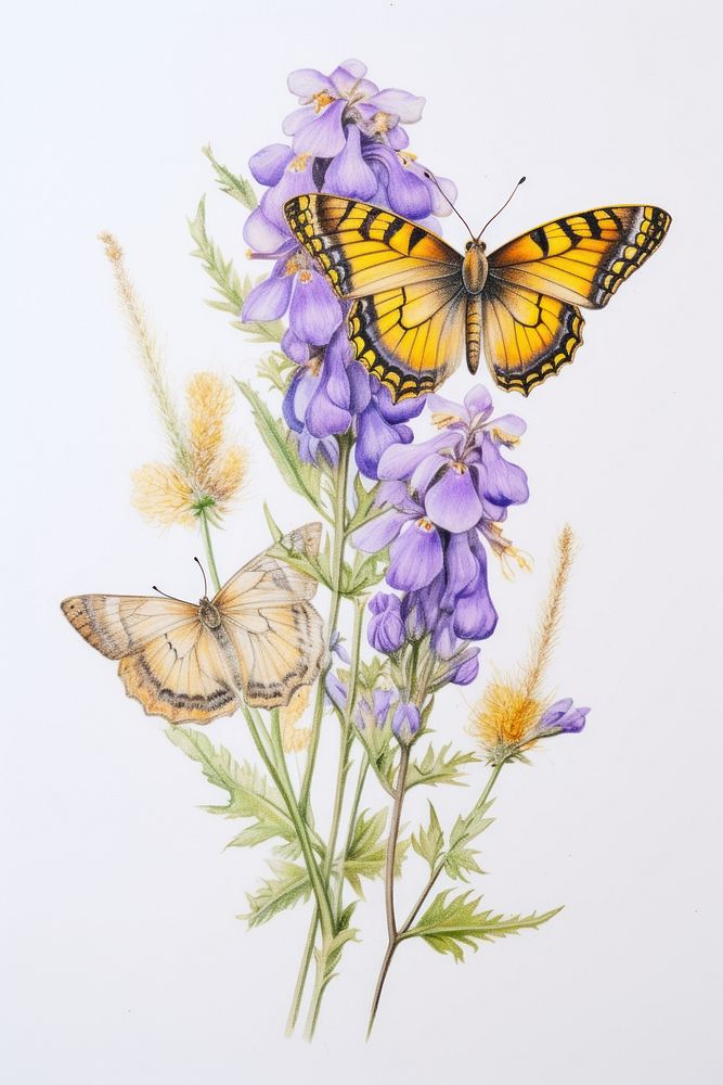 Butterfly with yellow and purple flowers drawing insect animal.