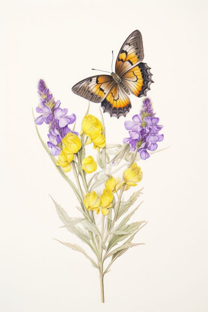 Butterfly with yellow and purple flowers lavender drawing insect.