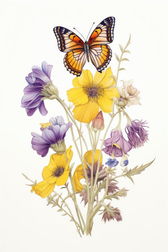 Butterfly with yellow and purple flowers drawing insect sketch.