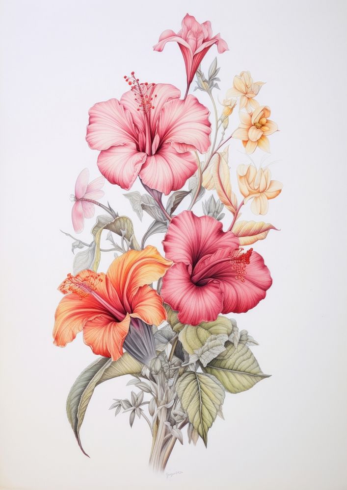 Stunning tropical flowers drawing sketch hibiscus.