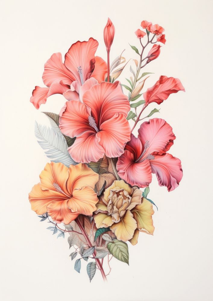 Stunning tropical flowers hibiscus pattern drawing.