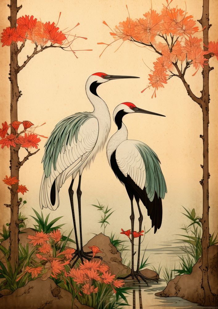 Ukiyo-e art two cranes painting animal bird.