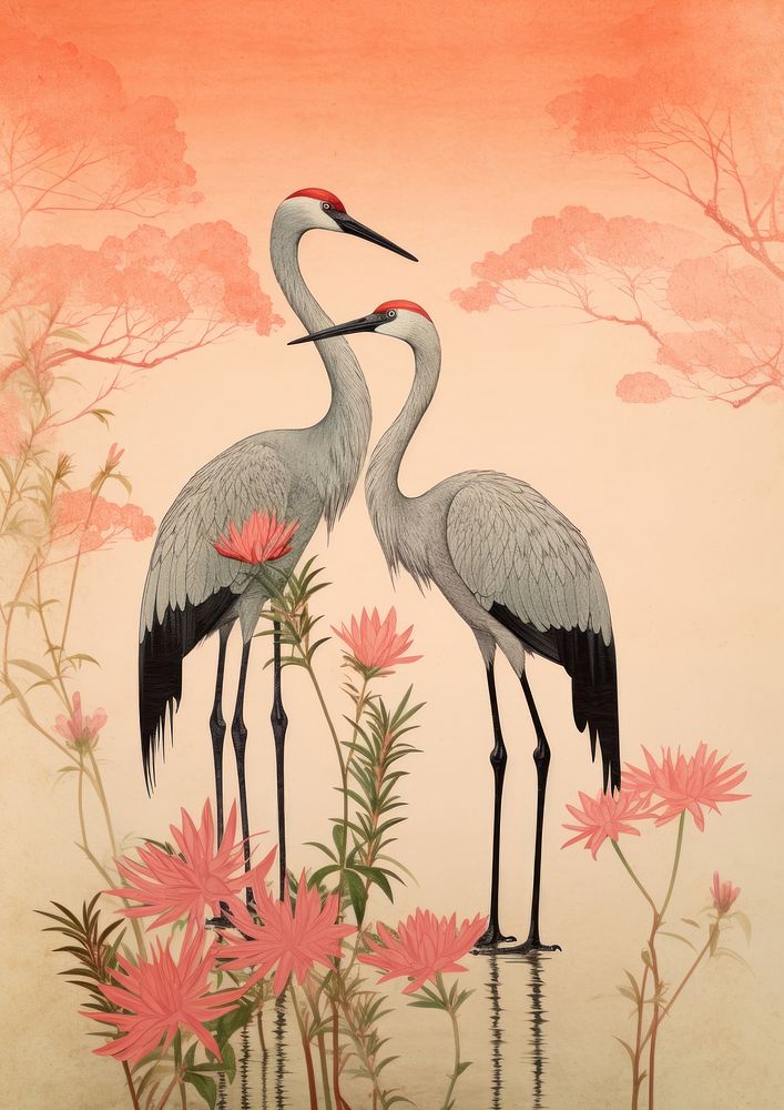 Ukiyo-e art two cranes animal bird ciconiiformes.