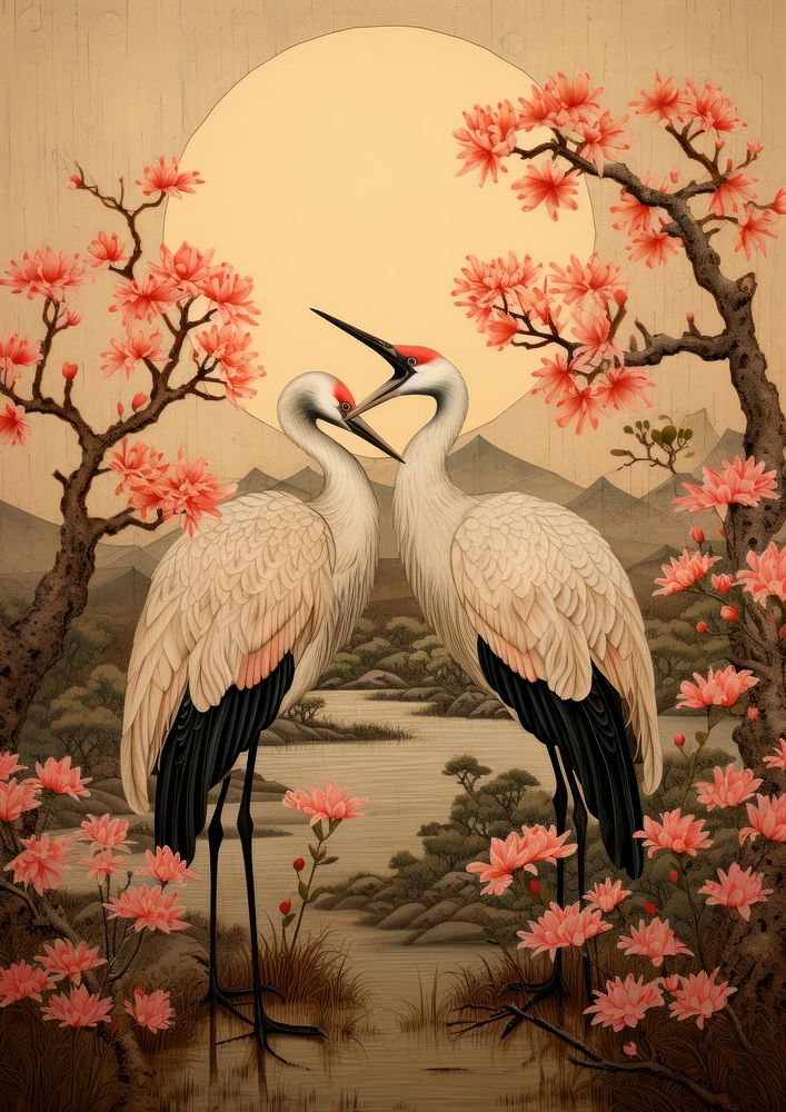 Ukiyo-e art two cranes painting animal bird.