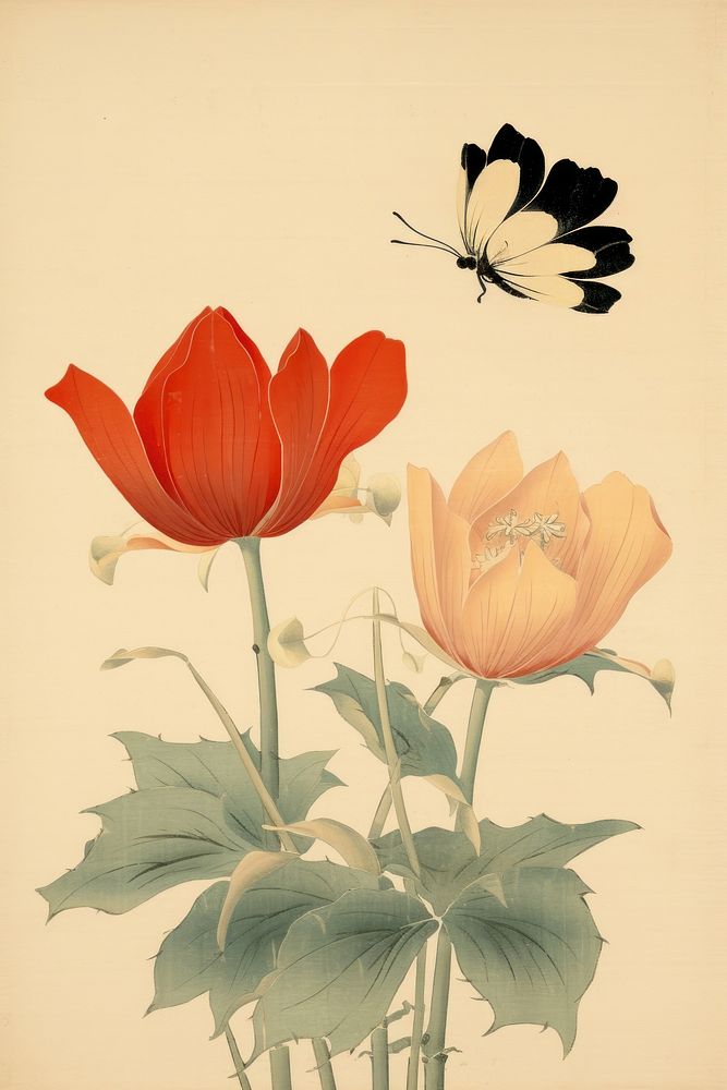 Ukiyo-e art tulip painting pattern flower.