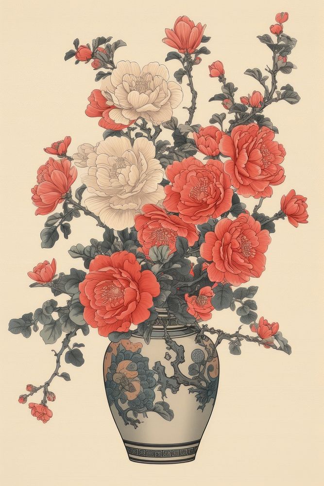 Ukiyo-e art print rose vase painting pattern flower.