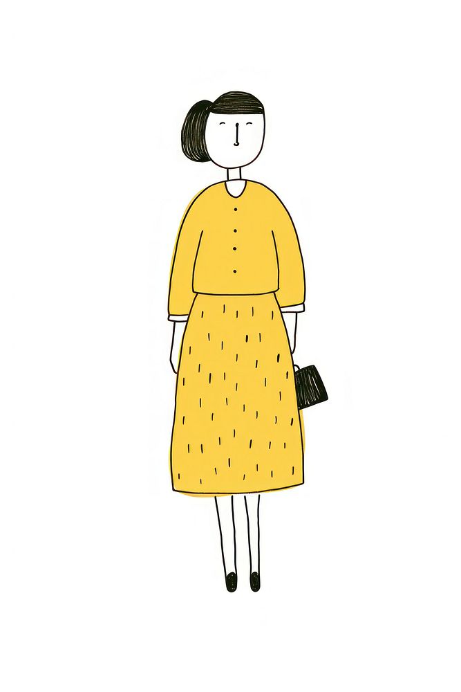 Doodle illustration of working woman cartoon yellow dress.