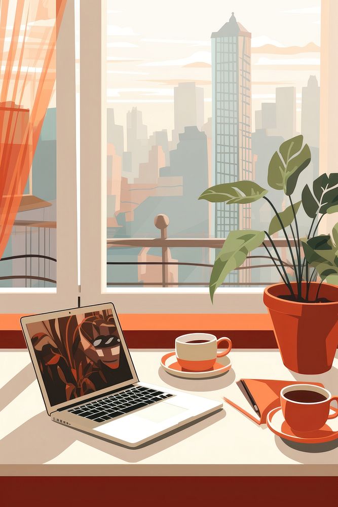 Work from home aesthetic illustration architecture furniture computer.