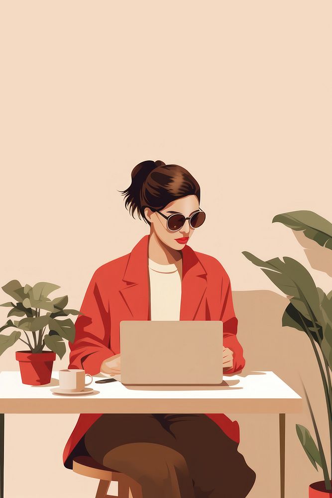 Working women aesthetic illustration computer sitting laptop.