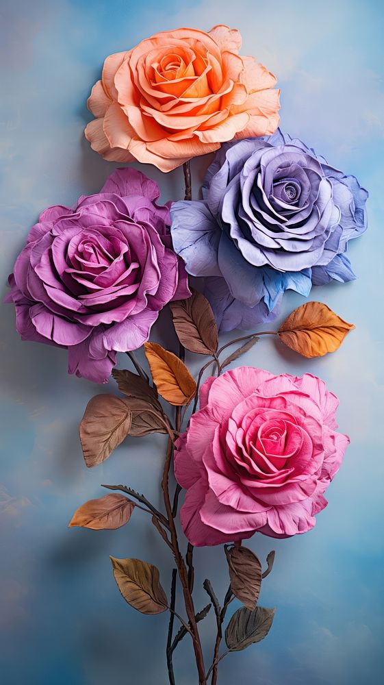 Blue-pink and purple rainbow roses flower plant art.