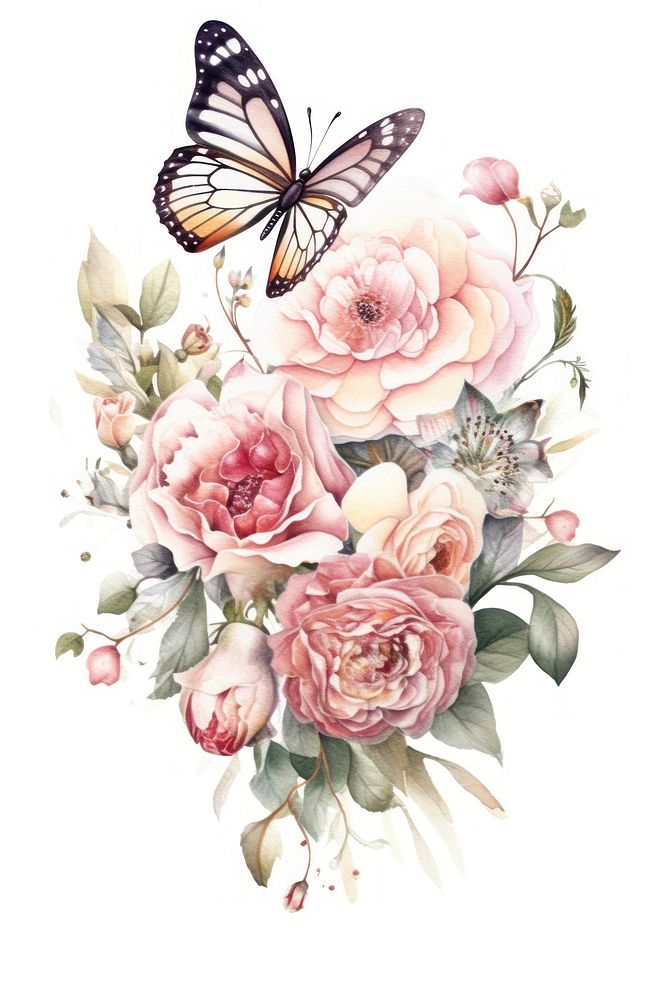 Butterflys and Peony bouquet pattern flower plant.
