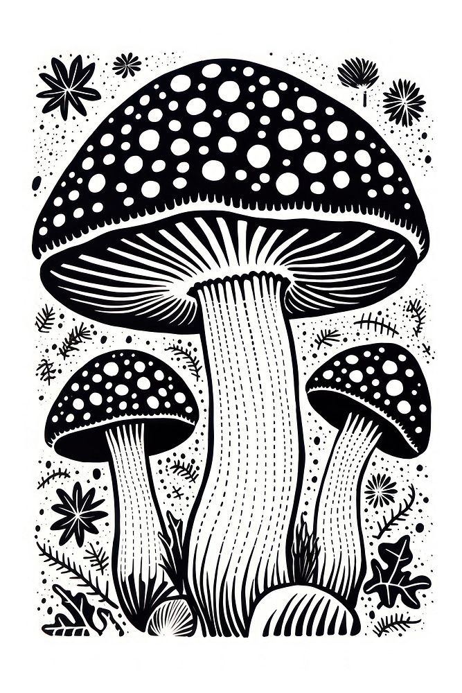 Mushroom linocut pattern drawing sketch.