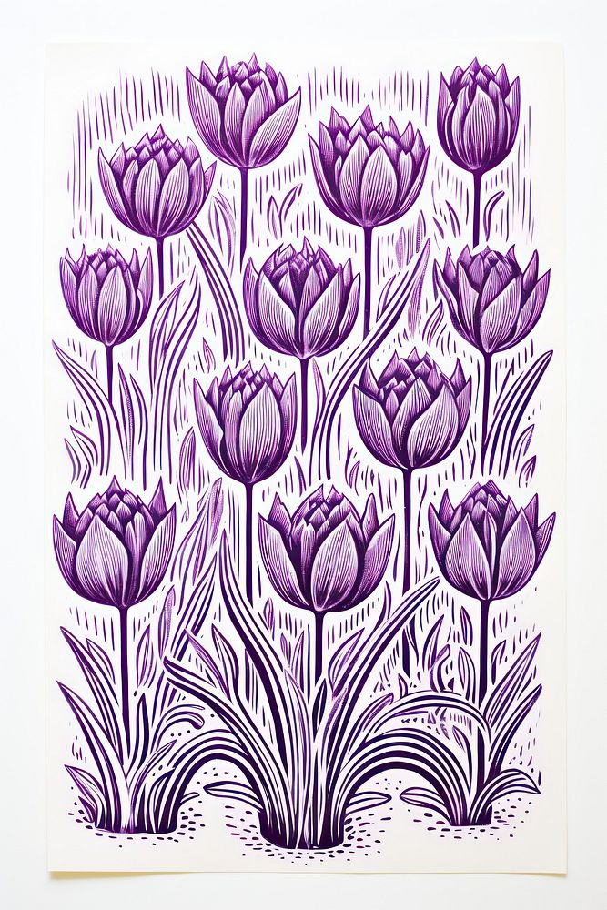 Mushroom linocut purple lavender drawing.