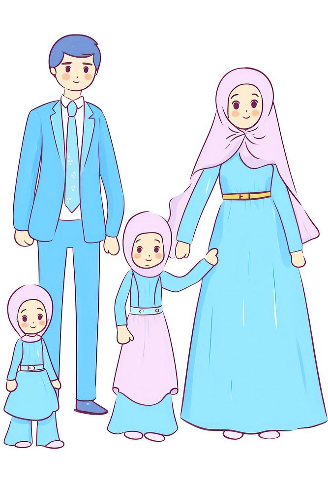 Doodle illustration muslim family drawing cartoon sketch.