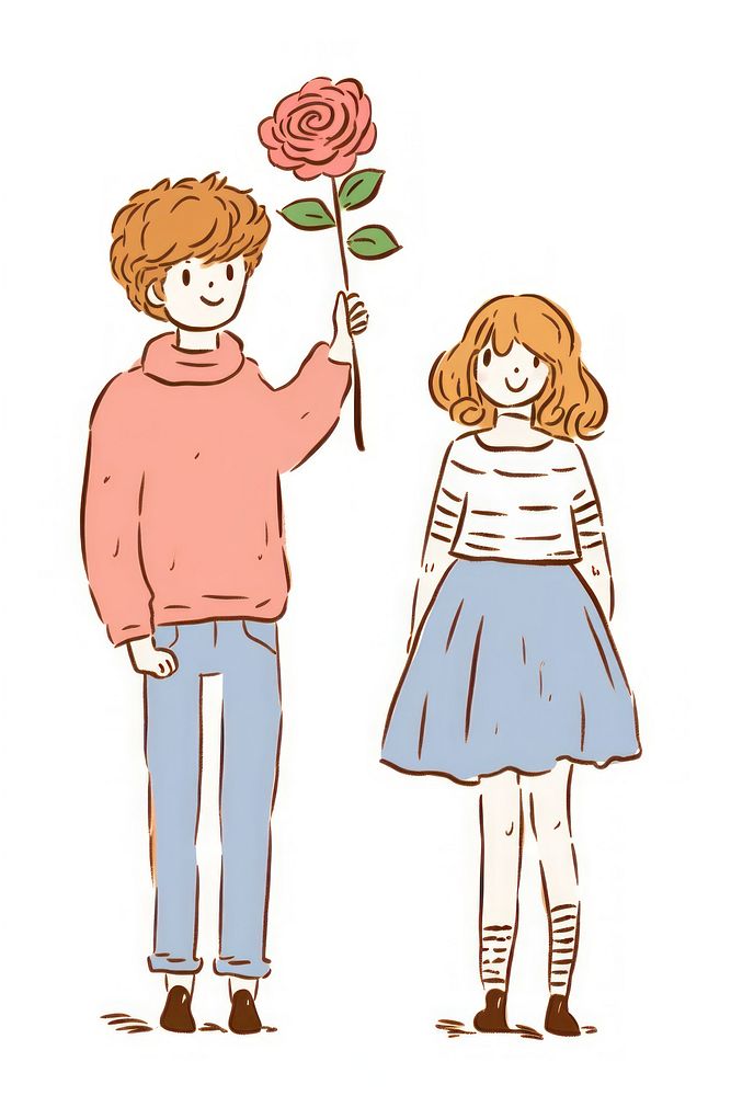 Doodle illustration couple holding with rose drawing cartoon sketch.