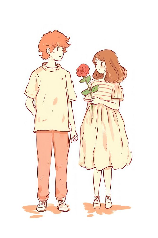 Doodle illustration couple holding with rose cartoon drawing sketch.
