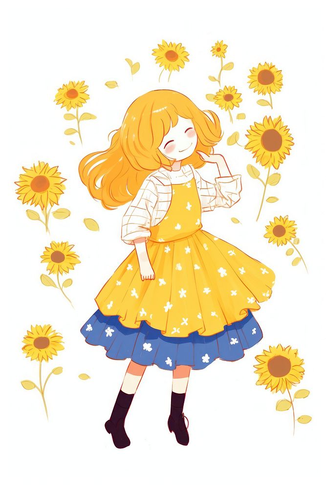 Doodle illustration girl holding sunflowers cartoon pattern drawing.