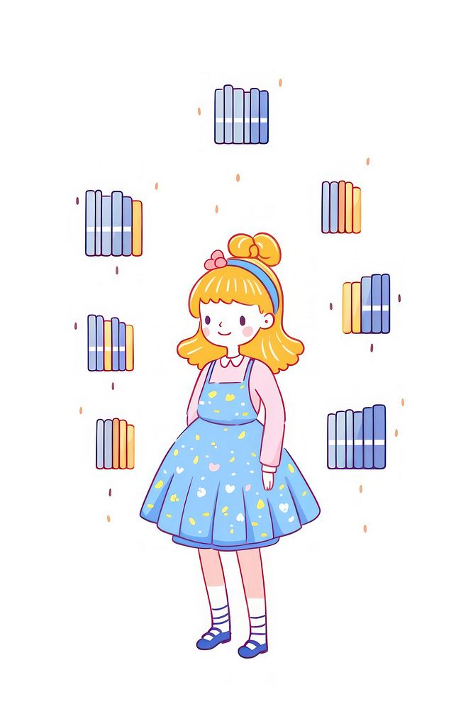 Doodle illustration girl with library cartoon pattern white background.