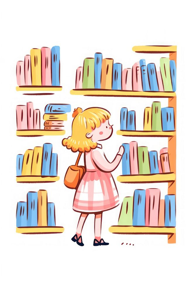 Doodle illustration girl with library publication cartoon book.