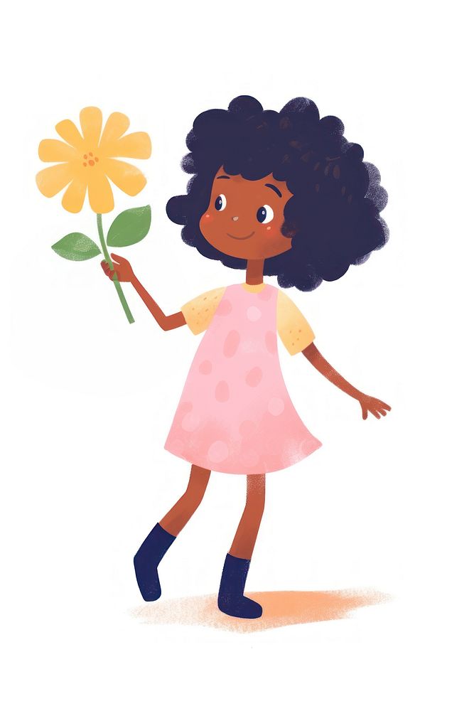 Doodle illustration happy black girl cartoon flower plant.