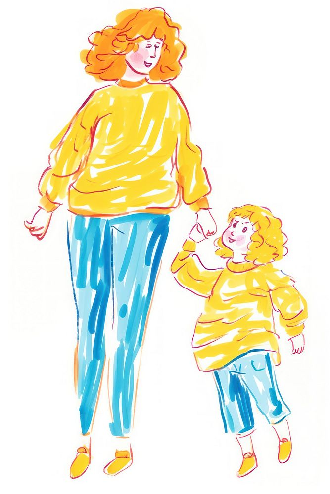 Doodle illustration kid and mother drawing cartoon sketch.