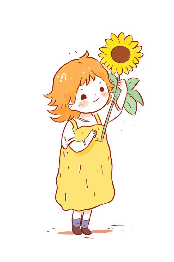 Doodle illustration kid holding sunflowers cartoon drawing sketch.