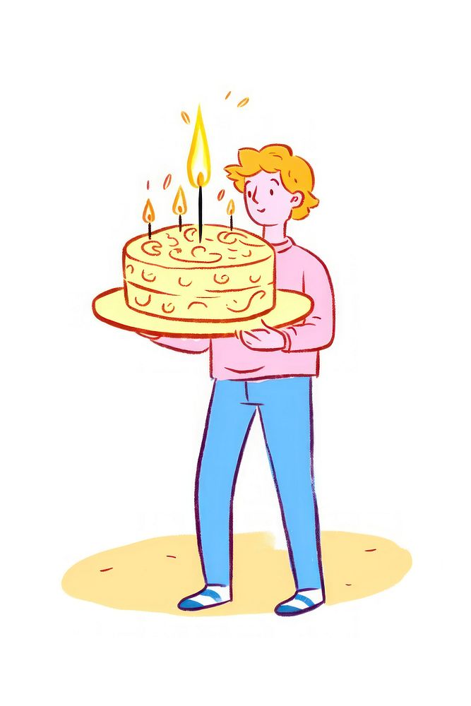 Doodle illustration person holding birthday cake dessert cartoon food.