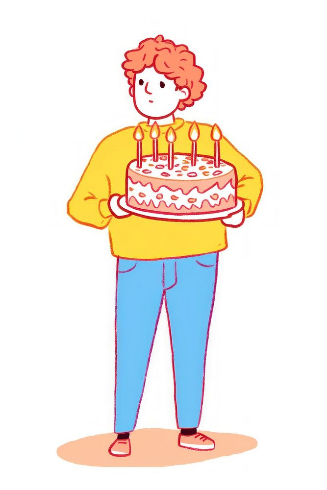 Doodle illustration person holding birthday cake dessert cartoon party.