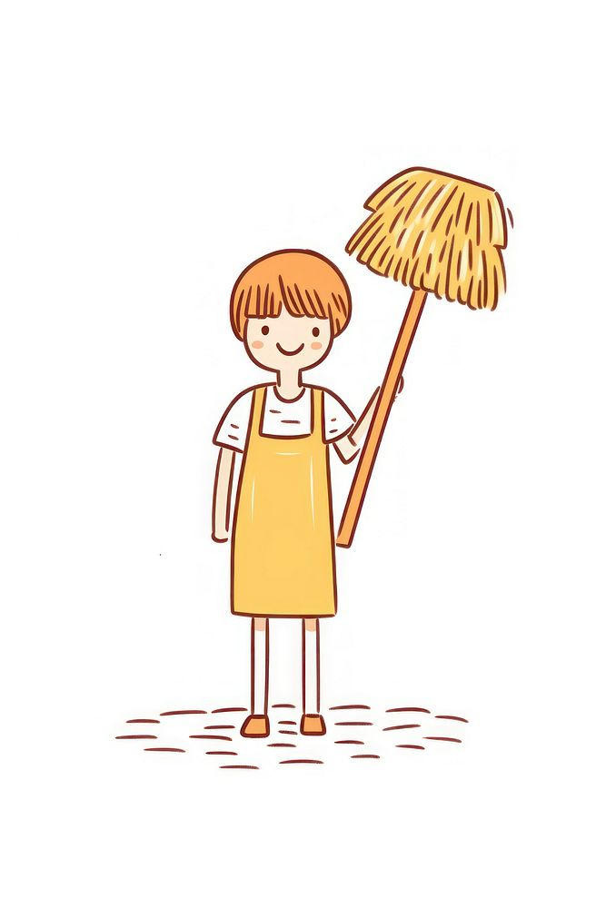 Doodle illustration person holding broom cleaning cartoon white background.