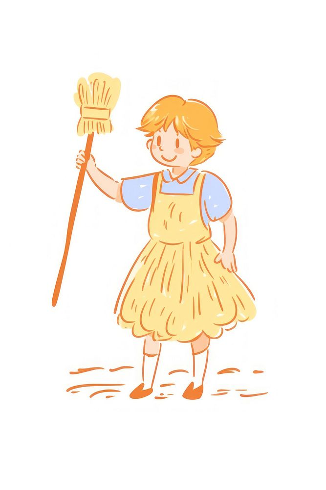 Doodle illustration person holding broom cleaning cartoon white background.