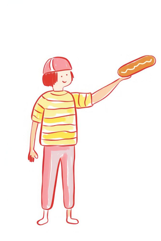 Doodle illustration person holding hotdog cartoon food white background.