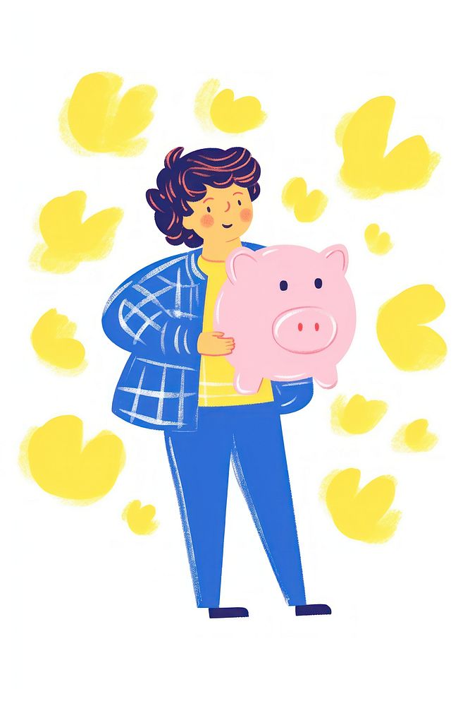 Doodle illustration person holding piggy bank cartoon cute representation.