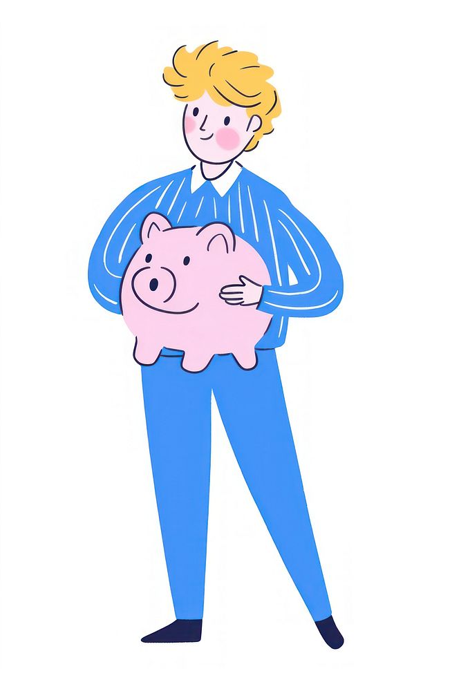 Doodle illustration person holding piggy bank cartoon representation togetherness.