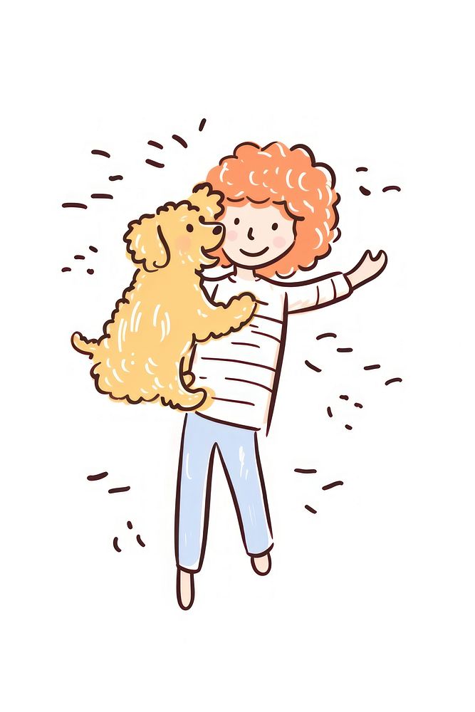 Doodle illustration person hugging a dog cartoon drawing sketch.