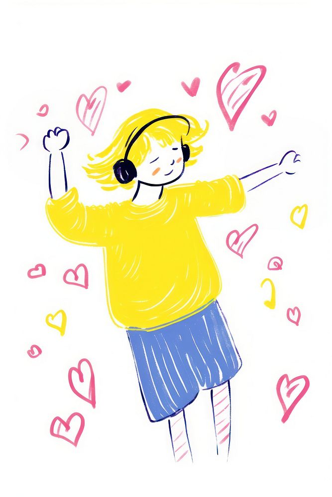 Doodle illustration person listening to music drawing cartoon sketch.