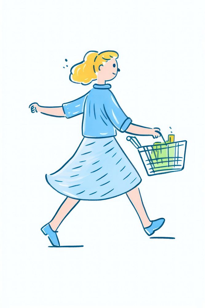 Doodle illustration person shopping cartoon basket consumerism.