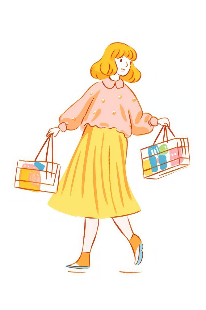 Doodle illustration person shopping handbag cartoon white background.