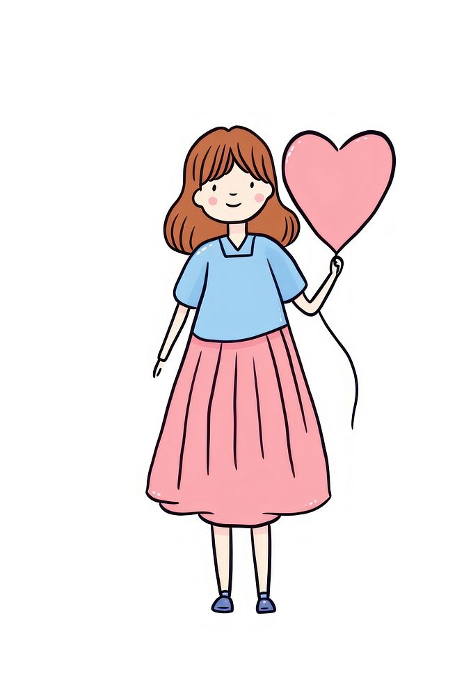 Doodle illustration smiling girl cartoon holding heart.