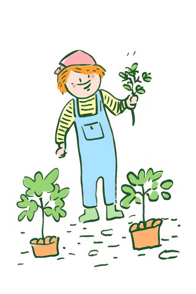 Doodle illustration smiling person gardening outdoors cartoon plant.