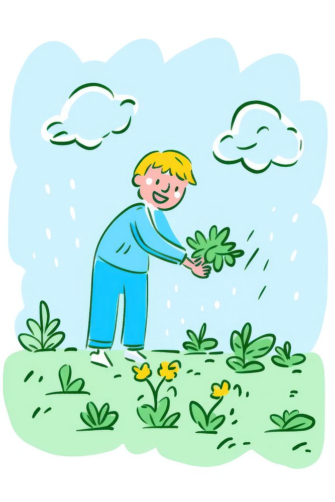 Doodle illustration smiling person gardening outdoors cartoon nature.