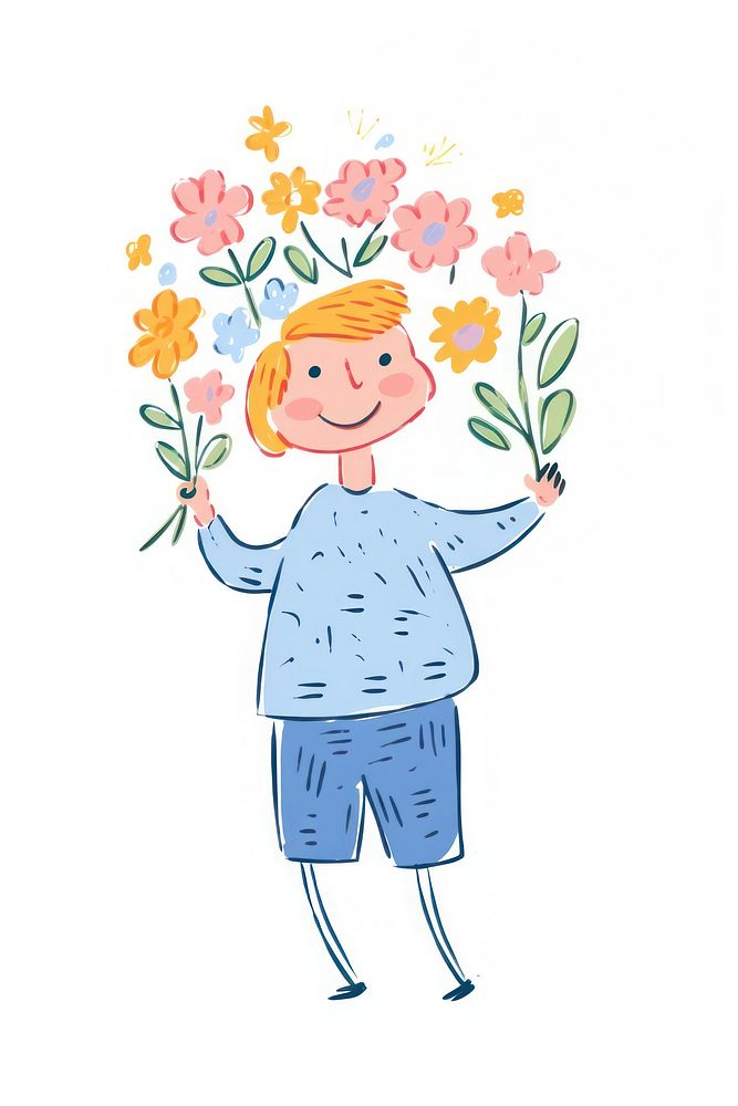 Doodle illustration smiling person holding flowers cartoon drawing sketch.