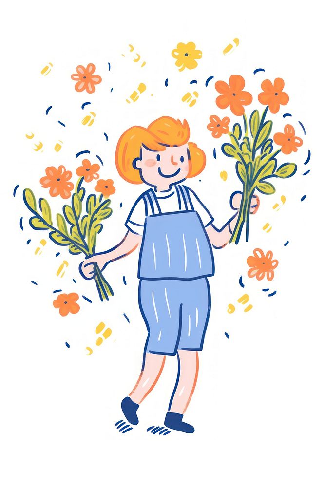 Doodle illustration smiling person holding flowers drawing cartoon sketch.