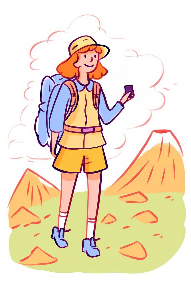 Doodle illustration woman hiker outdoors drawing cartoon.
