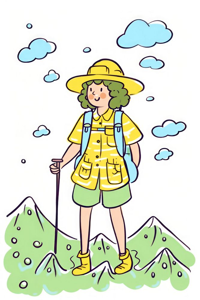 Doodle illustration woman hiker outdoors drawing cartoon.